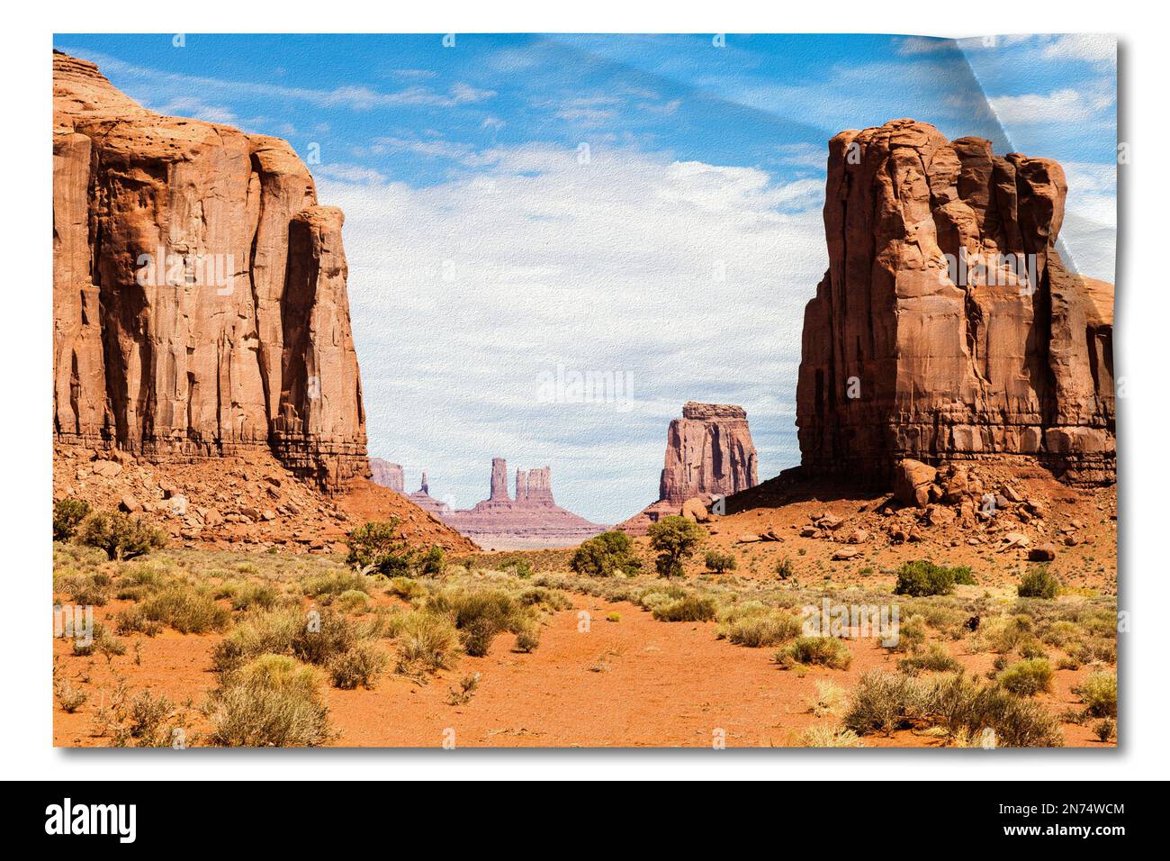 Immagine creativa della Monument Valley negli Stati Uniti - paesaggio rosso panoramico con cielo blu Foto Stock