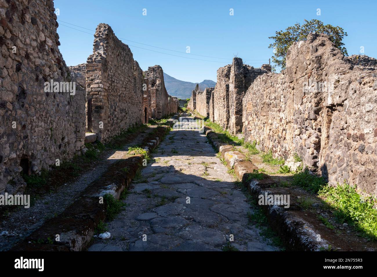 Una bella strada acciottolata tipica nell'antica città di Pompei, nel sud dell'Italia Foto Stock