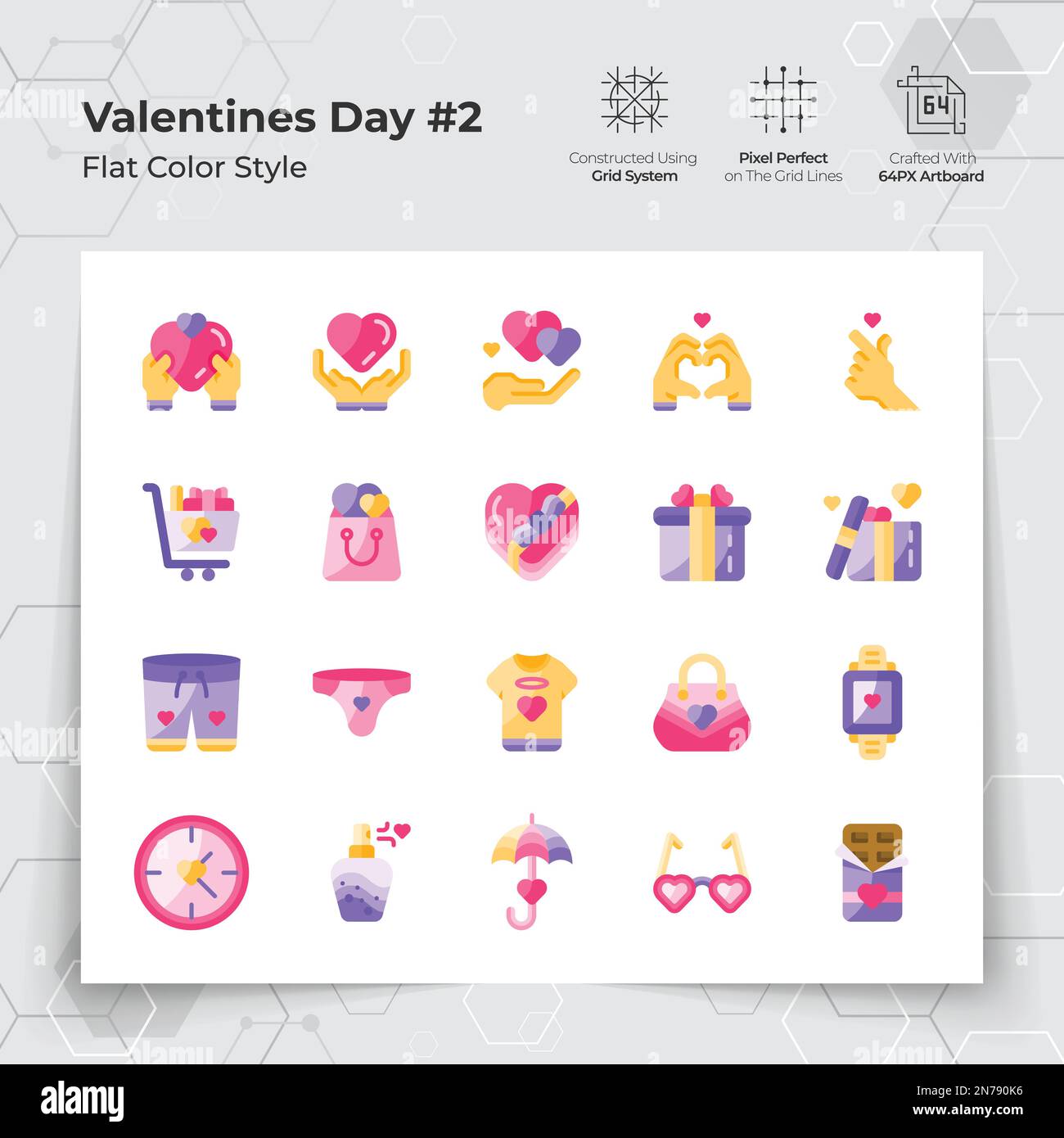 Icona di San Valentino in stile piatto con regali e innamorati a tema. Una collezione di simboli vettoriali di amore e romanticismo per San Valentino c Illustrazione Vettoriale