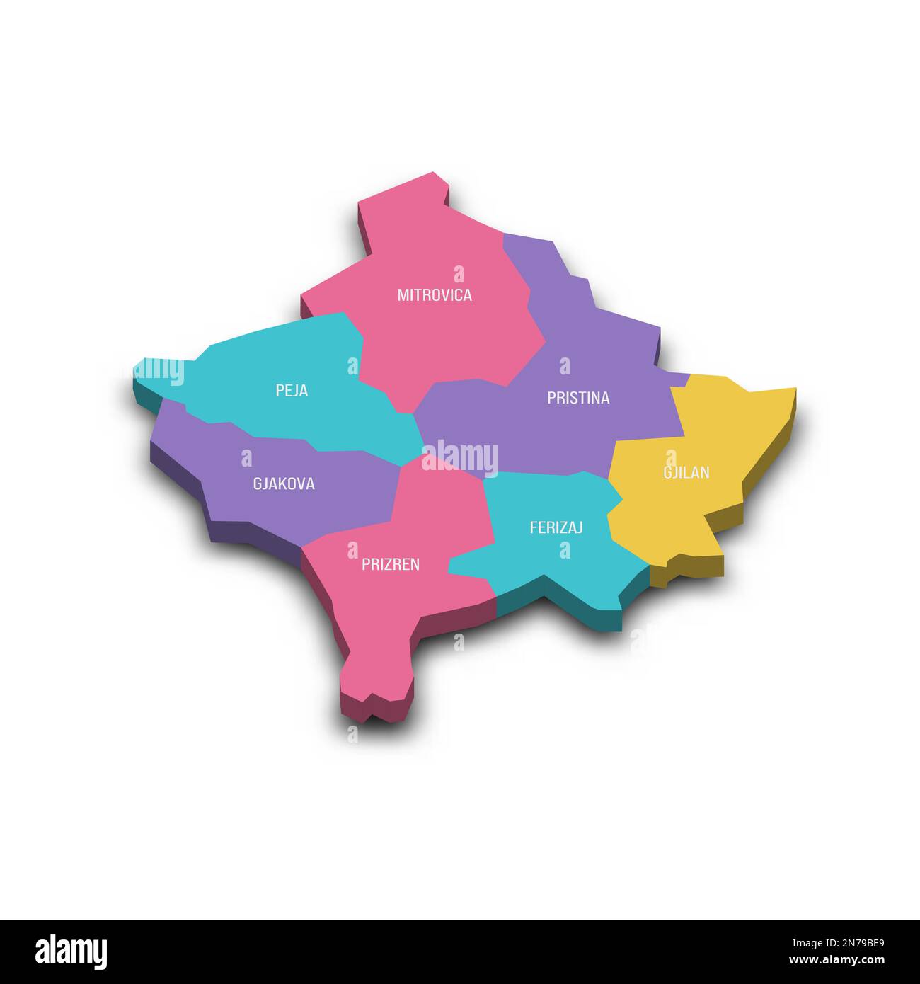 Mappa politica del Kosovo delle divisioni amministrative - distretti. Mappa vettoriale 3D colorata con ombreggiatura e etichette con il nome del paese. Illustrazione Vettoriale