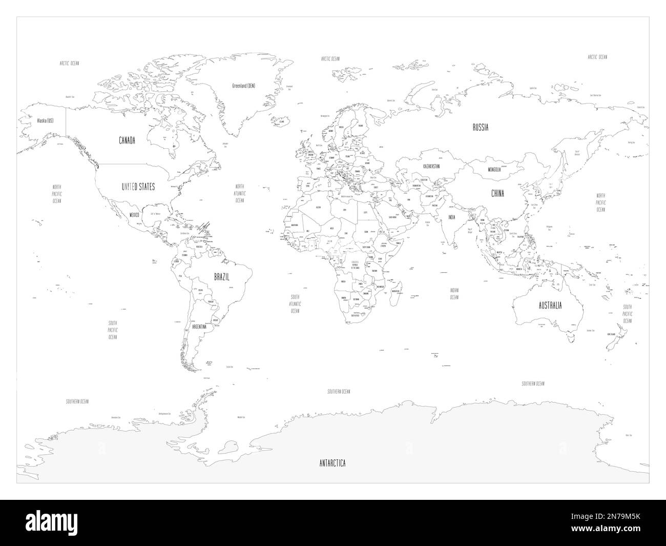 Mappa politica del mondo. Contorno nero cartoni animati disegnati a mano mappa illustrata con batimetria. Etichette manoscritte di nomi di paesi, capitali, mare e oceano. Semplice mappa vettoriale piatta. Illustrazione Vettoriale