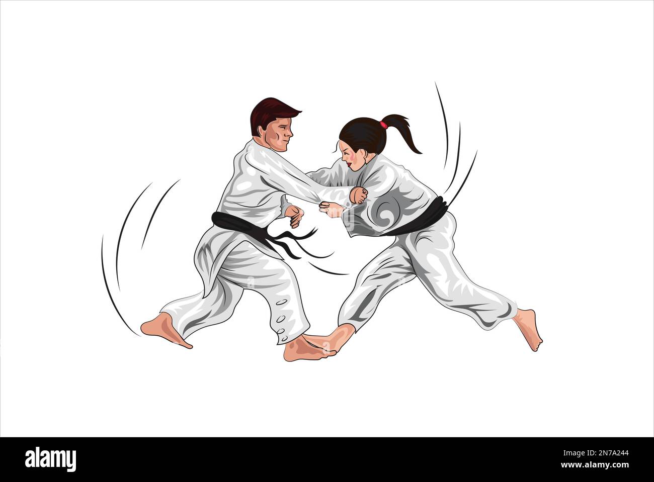 Karate illustrazione vettoriale isolato su sfondo bianco set di pose karate in stile cartoon Girl pratica calci Kid in kimono nero con cintura rossa an Illustrazione Vettoriale