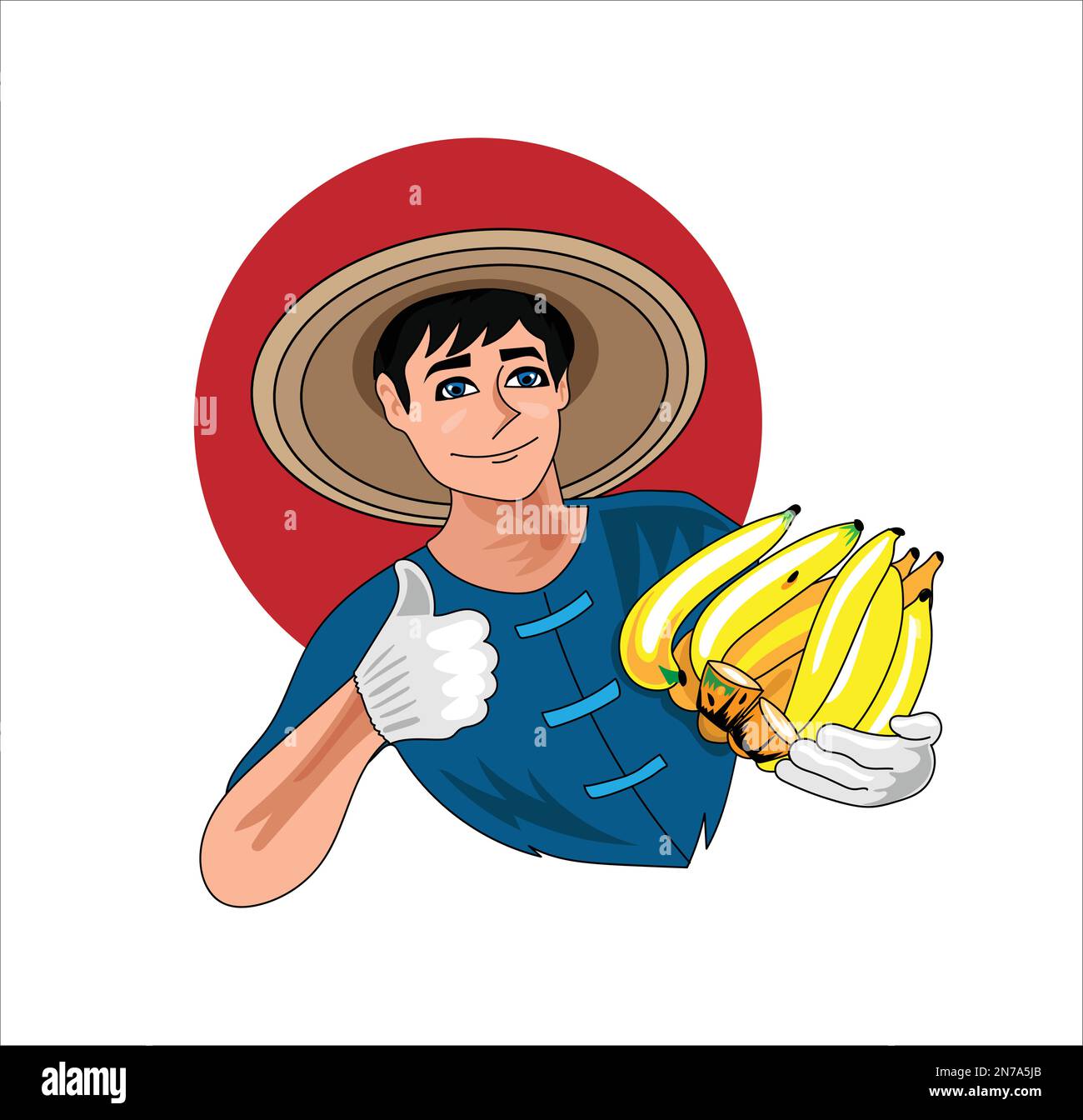 L'uomo asiatico contadino indossa un cappello, una camicia blu e guanti bianchi, e tiene banane gialle mature Illustrazione Vettoriale