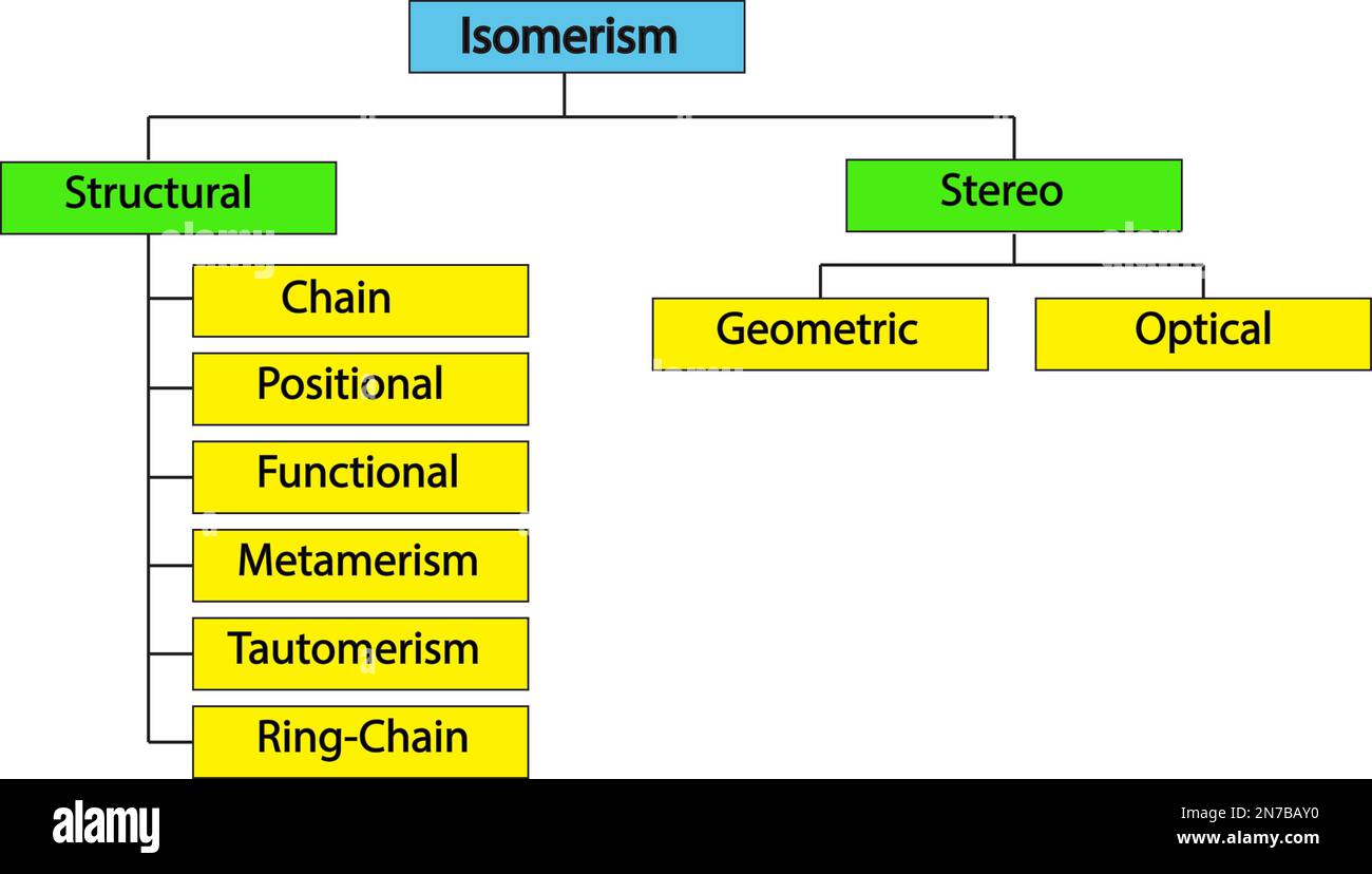 Ci sono due tipi primari di isomerismo, che possono essere ulteriormente categorizzati in sottotipi differenti. Questi tipi primari sono isomerismo strutturale e S Illustrazione Vettoriale