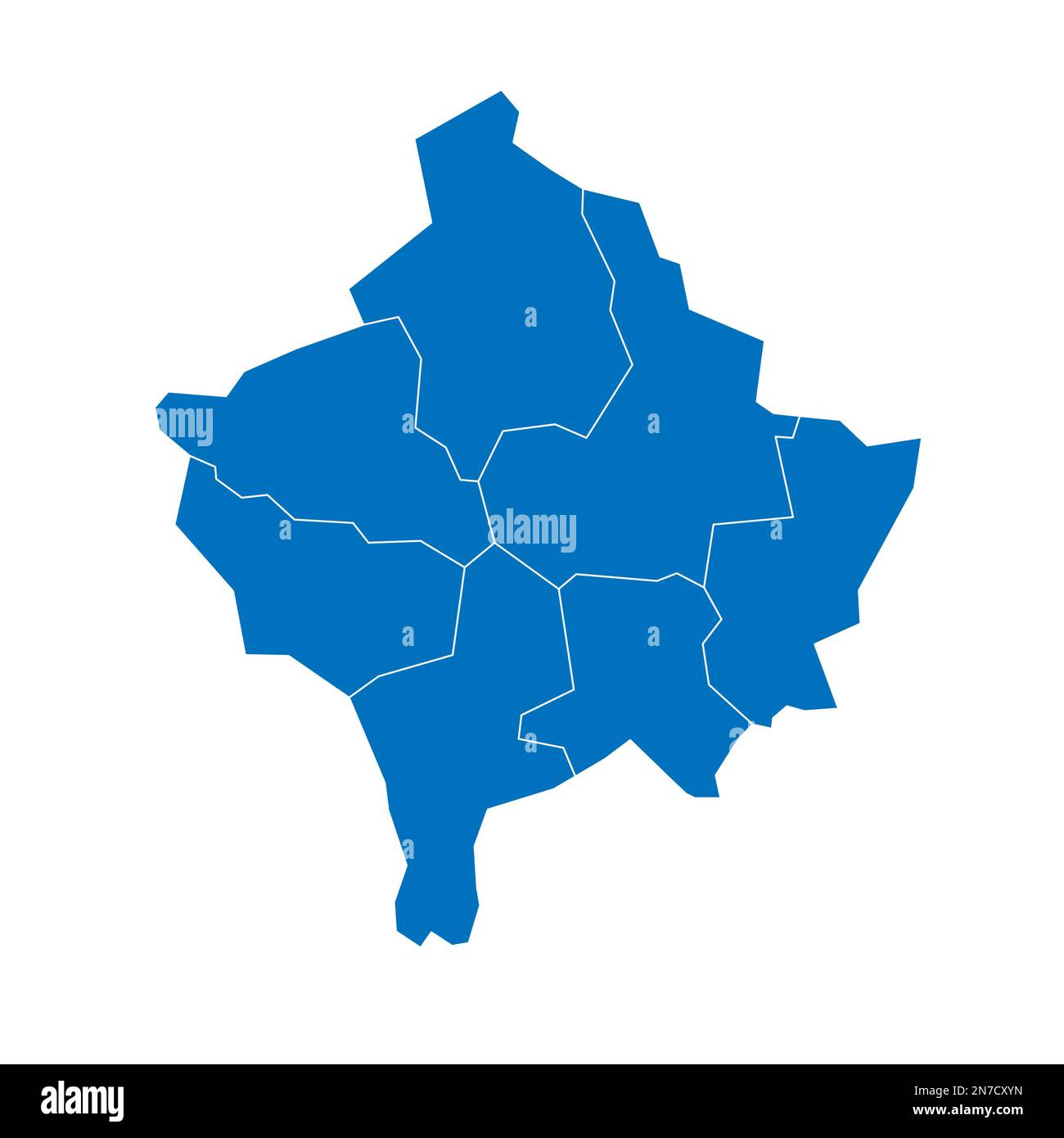 Mappa politica del Kosovo delle divisioni amministrative - distretti. Mappa vettoriale vuota in blu pieno con bordi bianchi. Illustrazione Vettoriale