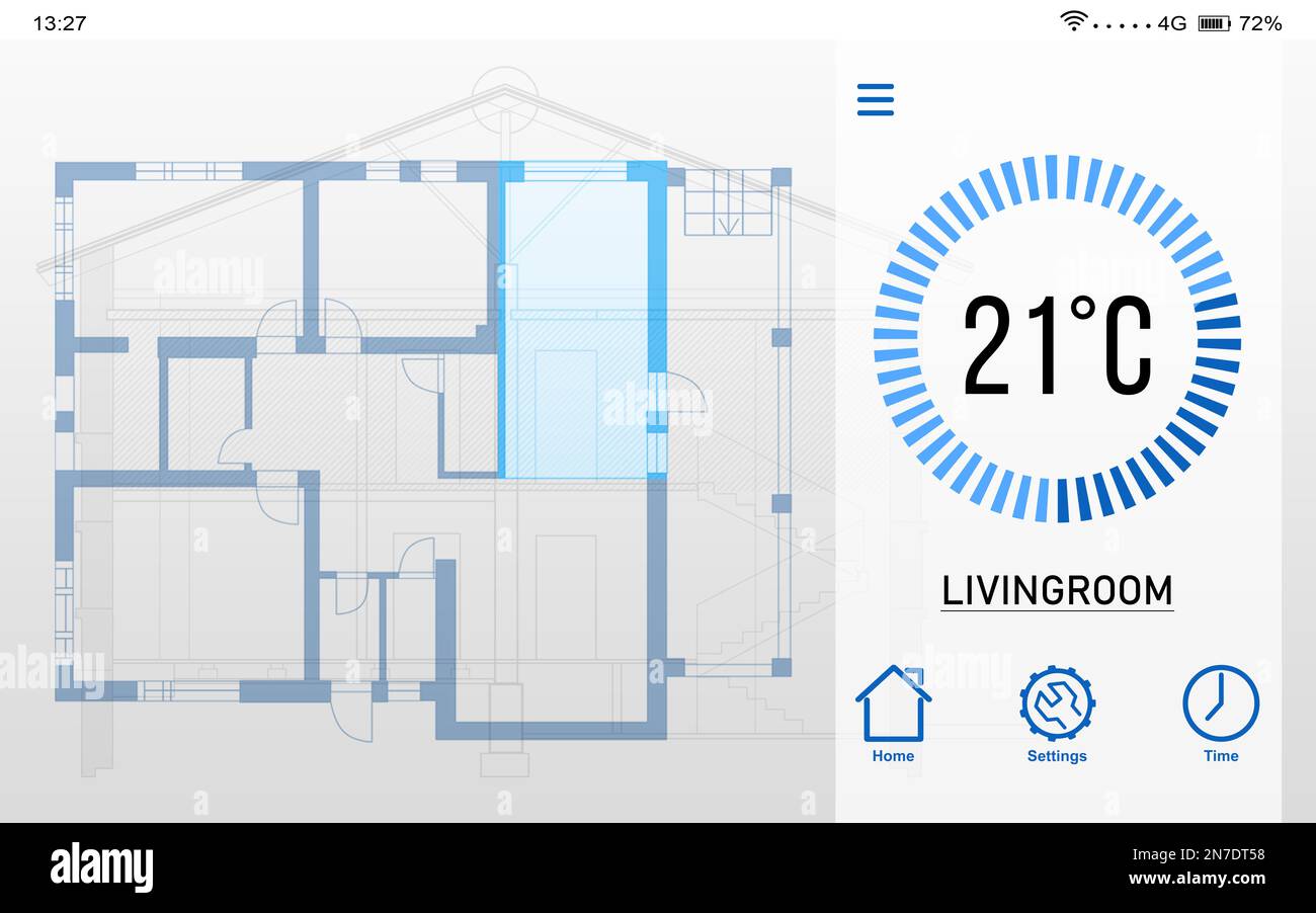Sistema di controllo del riscaldamento. Applicazione che visualizza la temperatura e la pianta della casa Foto Stock