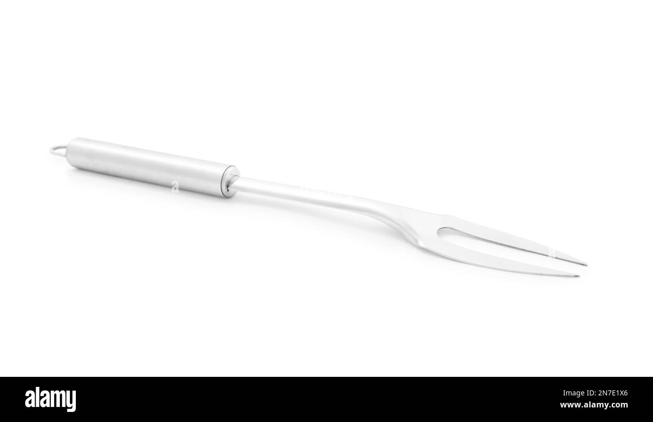 Forchetta in metallo isolata su bianco. Utensile da cucina Foto Stock