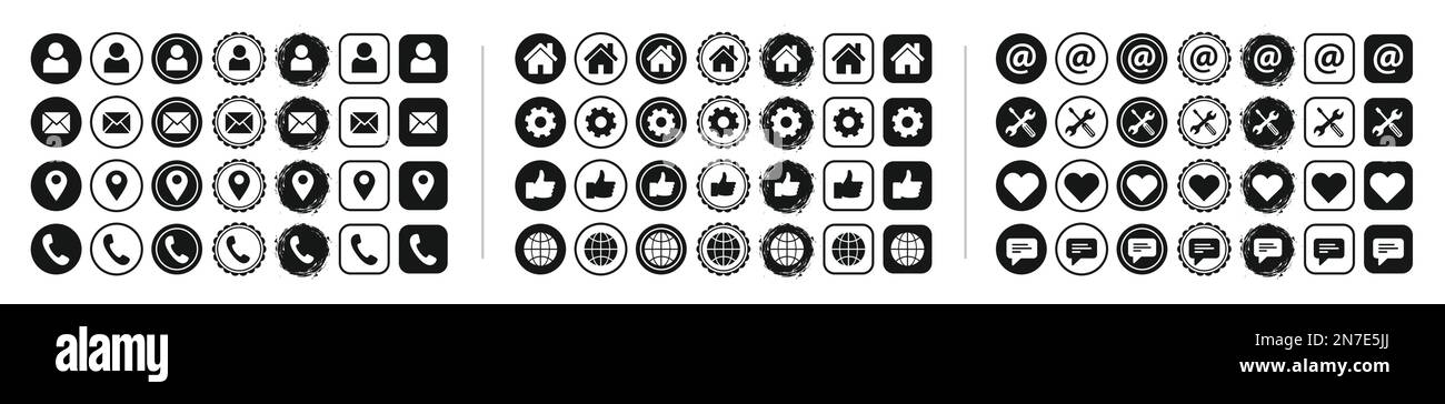 Icone Web impostate, icona contattaci, cartelli rotondi sui social media per i siti Web. Simboli neri piatti nome, e-mail, telefono, indirizzo, posizione, mi piace, impostazioni, chat. Illustrazione Vettoriale