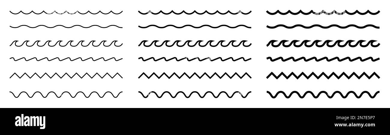 Linea d'onda e linee a zigzag ondulate. Il nero sottolinea il motivo a zig-zag della curva ondulata in stile astratto. Elemento decorativo geometrico. Sfondo bianco. Illustrazione Vettoriale