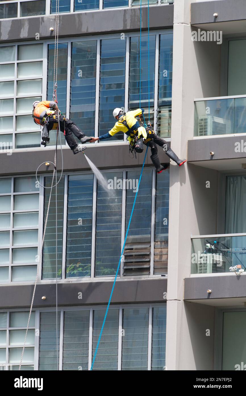 Persone che lavorano insieme per pulire e spruzzare le pareti indossando dpi e dispositivi di sicurezza a Melbourne Australia. Foto Stock