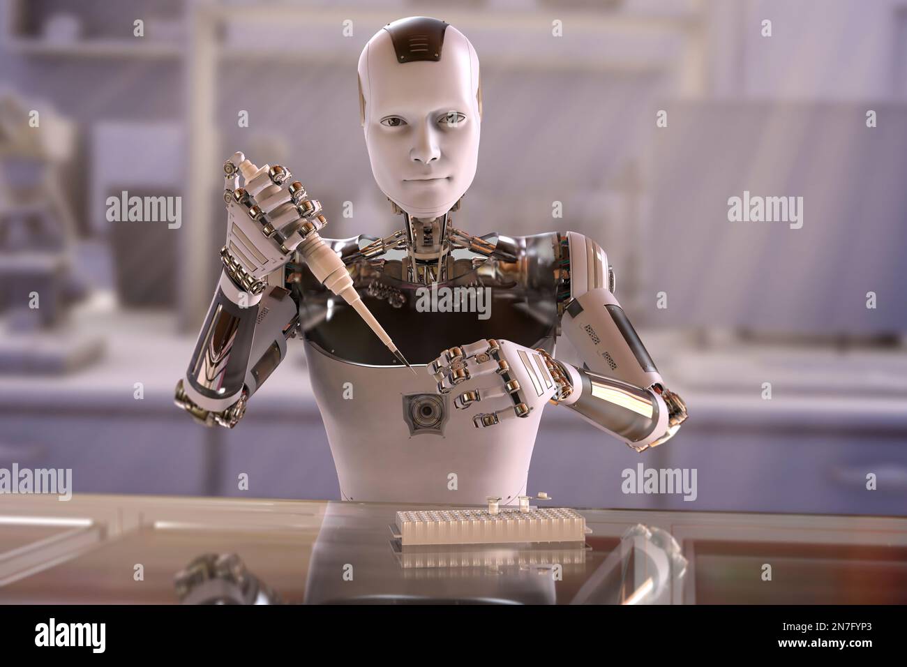 Robot umanoide che lavora in laboratorio, illustrazione concettuale Foto Stock