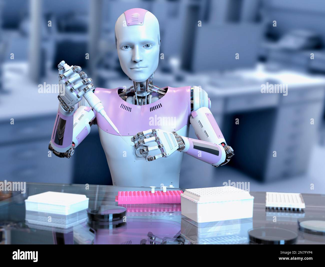 Robot umanoide che lavora in laboratorio, illustrazione concettuale Foto Stock