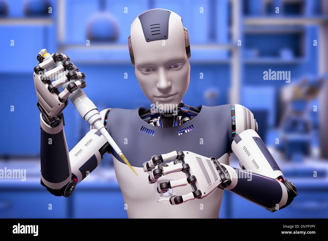 Robot umanoide che lavora in laboratorio, illustrazione concettuale Foto Stock