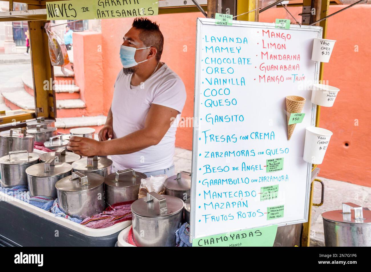 San Miguel de Allende Guanajuato Messico, Historico Centro storico zona Centro, Street food, gelato artigianale sapori esotici tropicali mamey sa Foto Stock