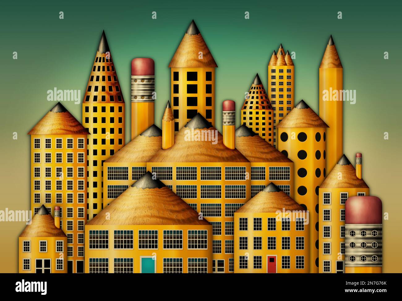 Illustrazione di case ed edifici fatti di matite. 3D Illustrazione Foto Stock