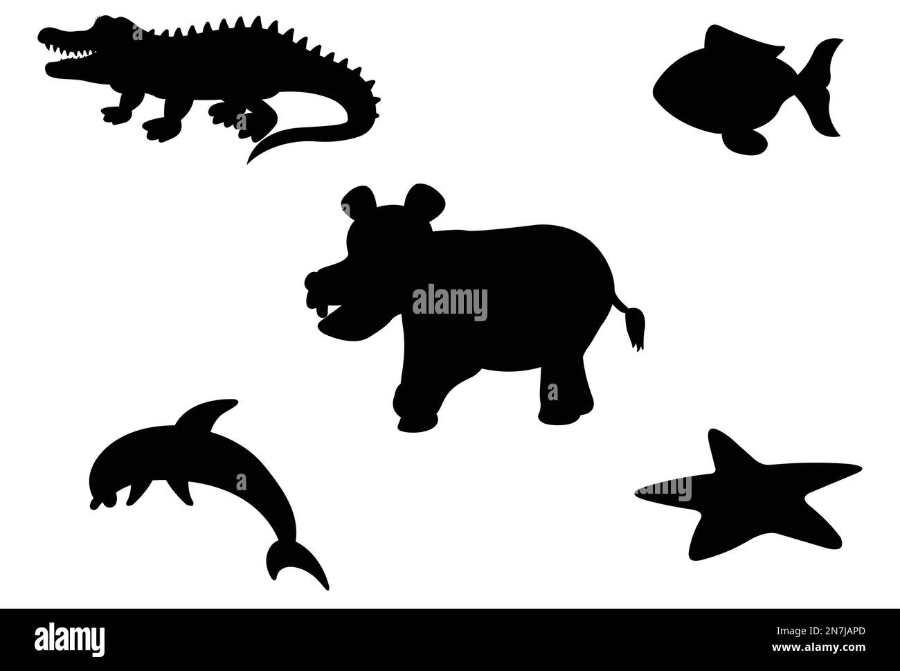 Silhouette di alligatori e animali marini su sfondo bianco raffigurazione vettoriale Illustrazione Vettoriale