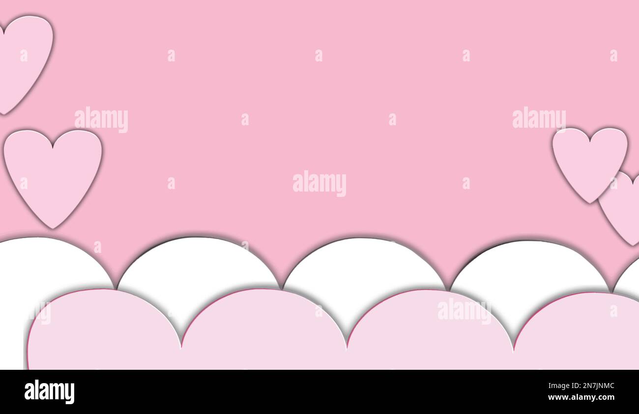 cuori rosa e nuvole sfondo, illustrazione cuori e nuvole concetto romantico, vista dall'alto. Belle nuvole e cuori su sfondo rosa pastello Illustrazione Vettoriale