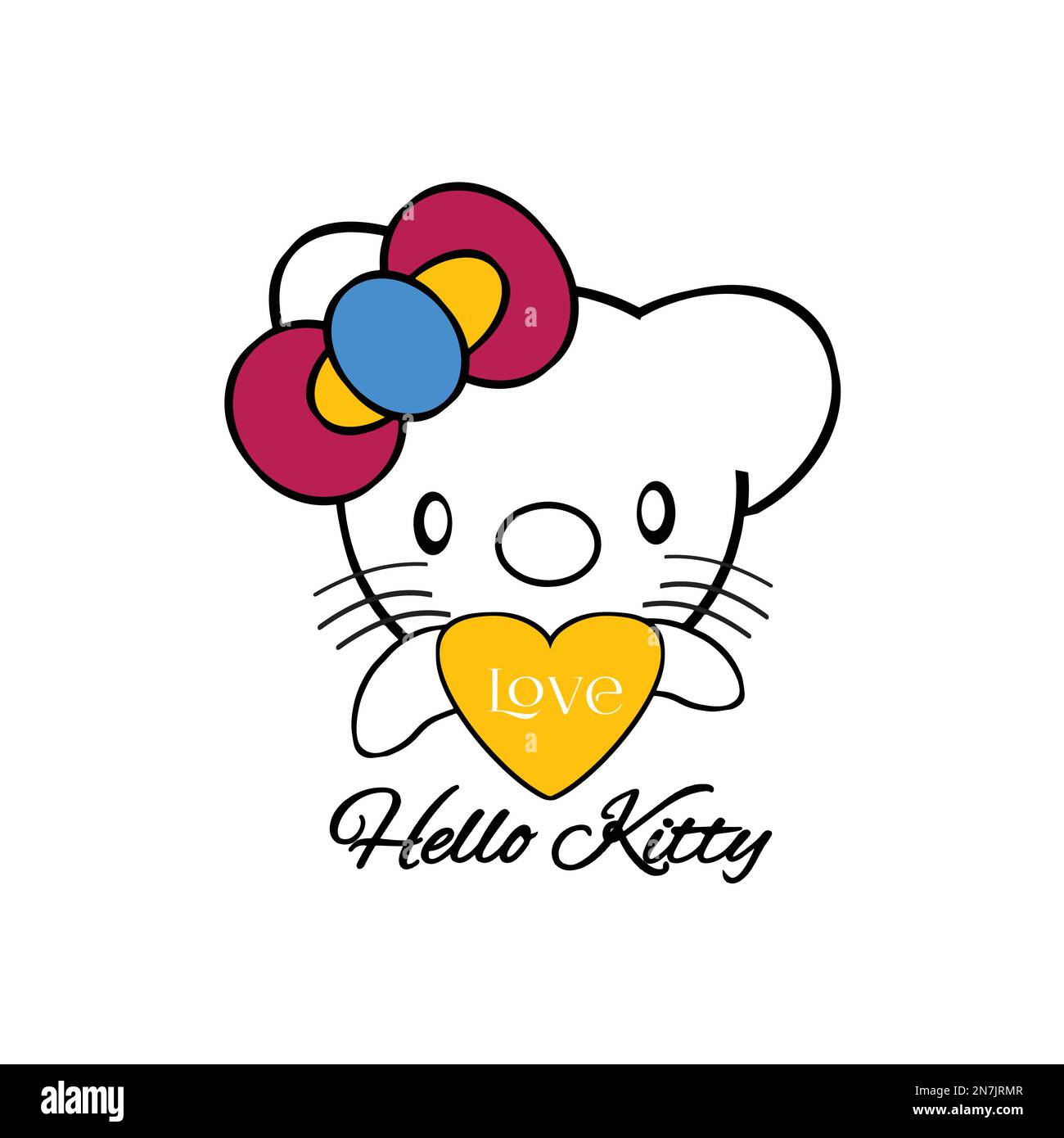 Cute back Cat saluto con amore e ciao kitty testo. Divertente disegno di carattere animale. Grafica per bambini. Illustrazione vettoriale. Illustrazione Vettoriale