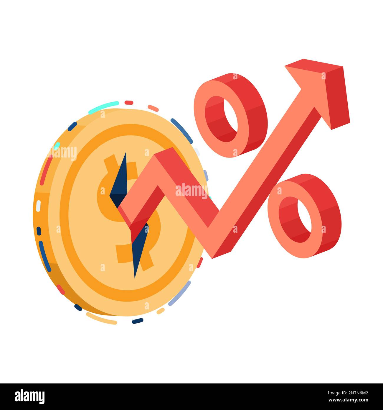 Flat 3D Isometrica Rising Percent Symbol out from Dollar Coin. Aumento dei tassi di interesse e concetto finanziario. Illustrazione Vettoriale