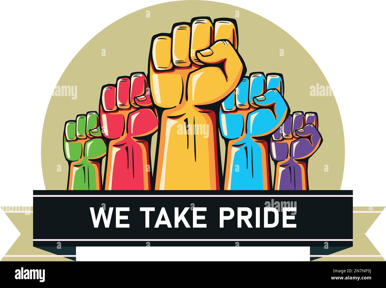 Prendiamo orgoglio, parata icona. Diritti di Colorful Rainbow LGBTQ. Lesbiche, gay, bisessuali, transgender, queer. Flag comunità LGBTQ. Illustrazione Vettoriale