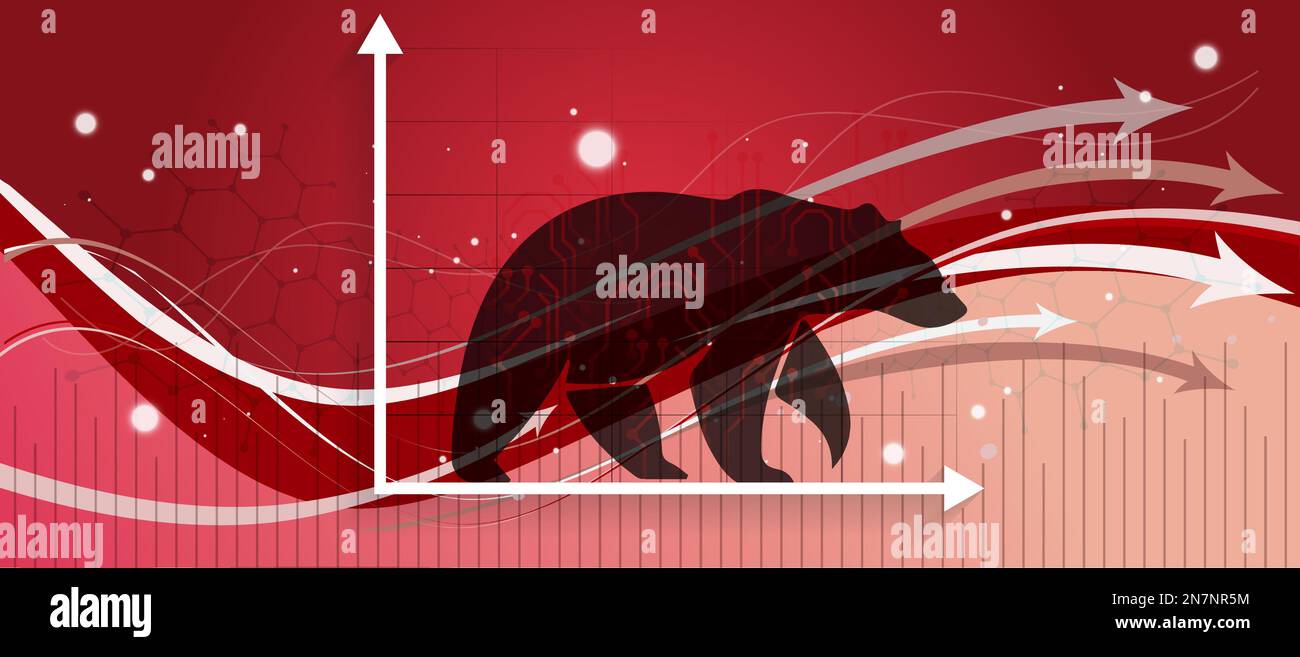 Corsa dell'orso o tendenza ribassista di mercato nella valuta o nei titoli cripto. Cambio di borsa sfondo rosso, freccia giù grafico per il calo crash in economia globale Illustrazione Vettoriale