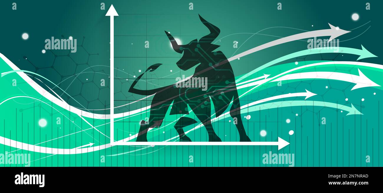 Bull run o tendenza di mercato rialzista in valuta crittografica o azioni. Contesto di cambio commerciale, grafico a freccia verso l'alto per l'aumento dei tassi. Grafico dell'economia globale. Illustrazione Vettoriale