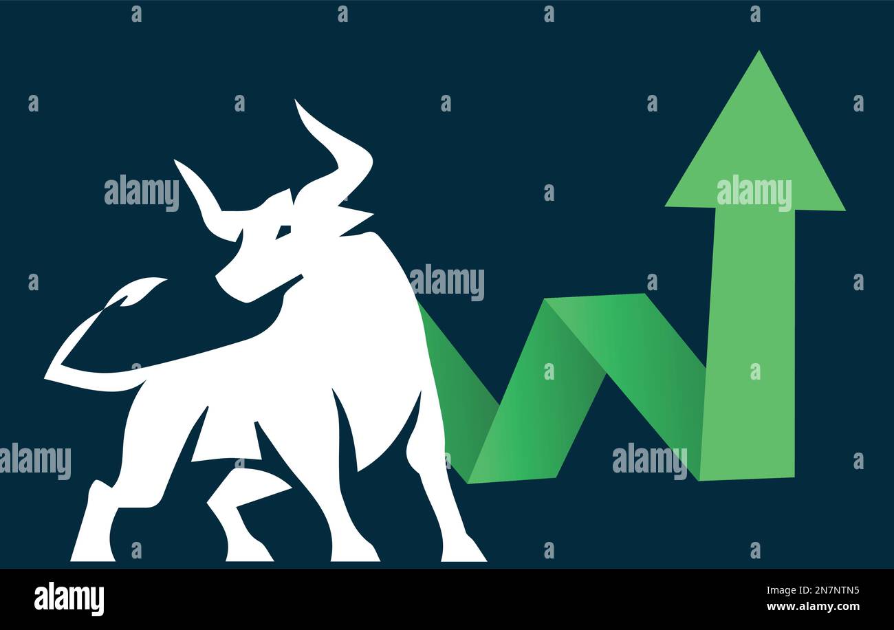 Bull run o tendenza di mercato rialzista in valuta crittografica o azioni. Contesto di cambio commerciale, grafico a freccia verso l'alto per l'aumento dei tassi. Boom economico globale. Illustrazione Vettoriale