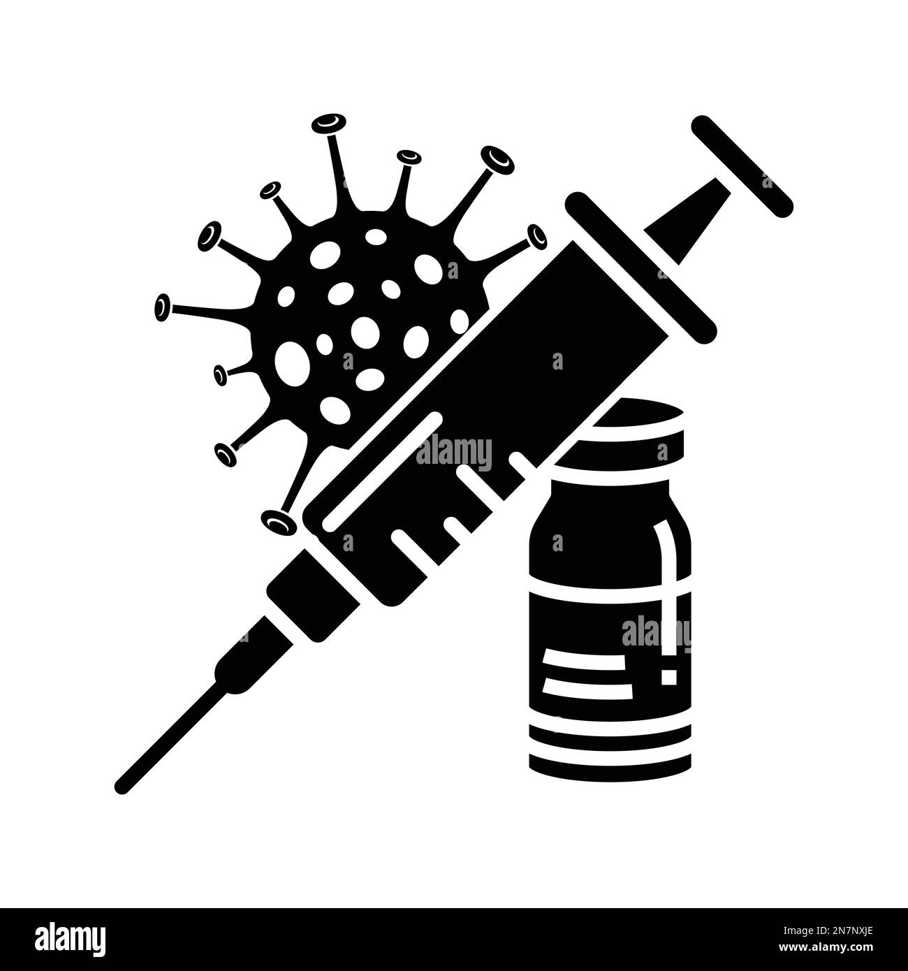 Covid 19 vaccino icona con iniezione e coronavirus. Vettore di vaccinazione con ago da siringa medico. Illustrazione del colore nero semplice. Test Covid-19 Illustrazione Vettoriale