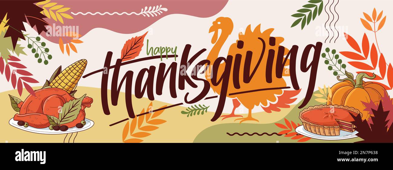 felice di ringraziamento banner design tipografia, tacchino uccello, astratto foglie sfondo. Festa americana del Ringraziamento cena festa torta di zucca di mais. Illustrazione Vettoriale