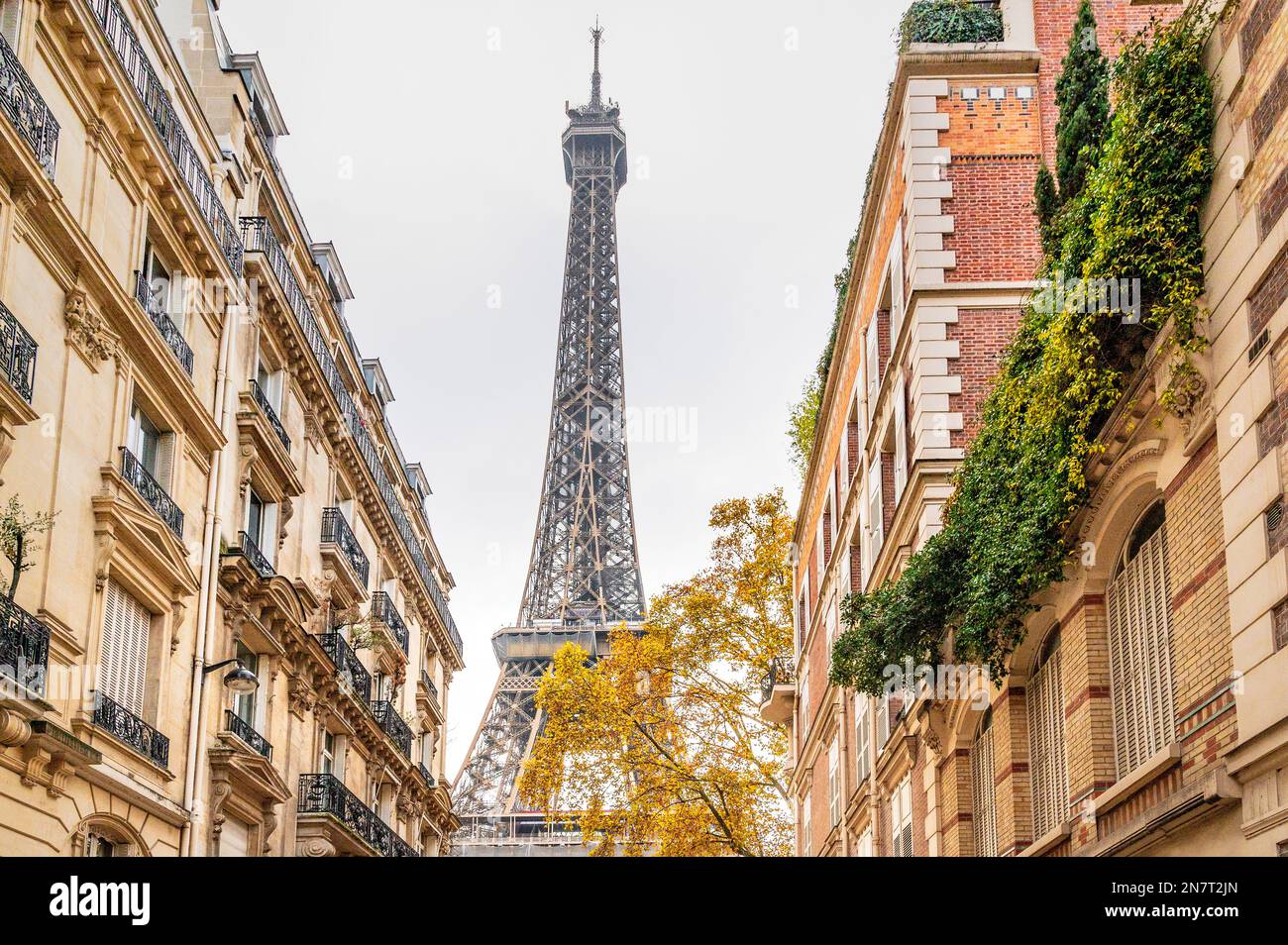 La torre Eiffel vista dalla Rue de l'Université, Rive Gauch, Parigi, Francia Foto Stock