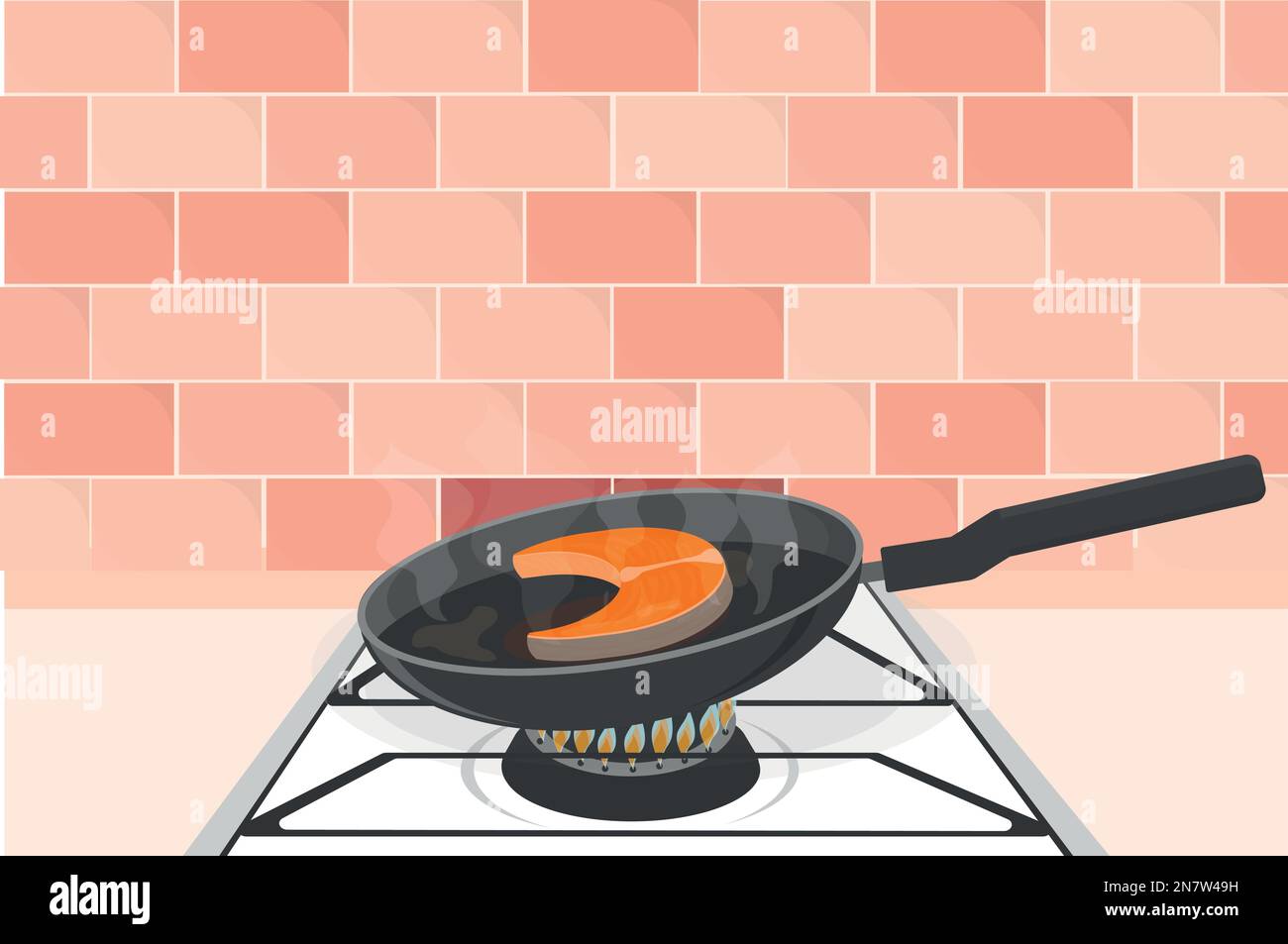 una bistecca di salmone viene fritta in una padella su una stufa a gas Illustrazione Vettoriale