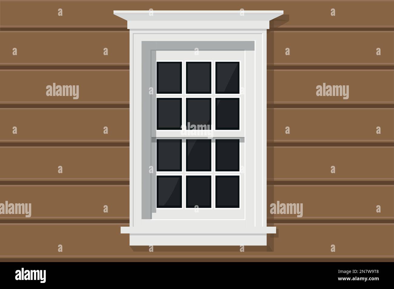 una finestra di legno bianco con vetro in una casa di legno beige Illustrazione Vettoriale