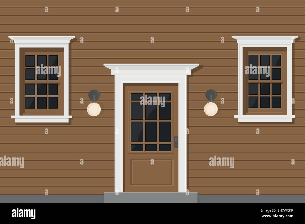 una casa in legno con finestre bianche e porta bianca marrone Illustrazione Vettoriale
