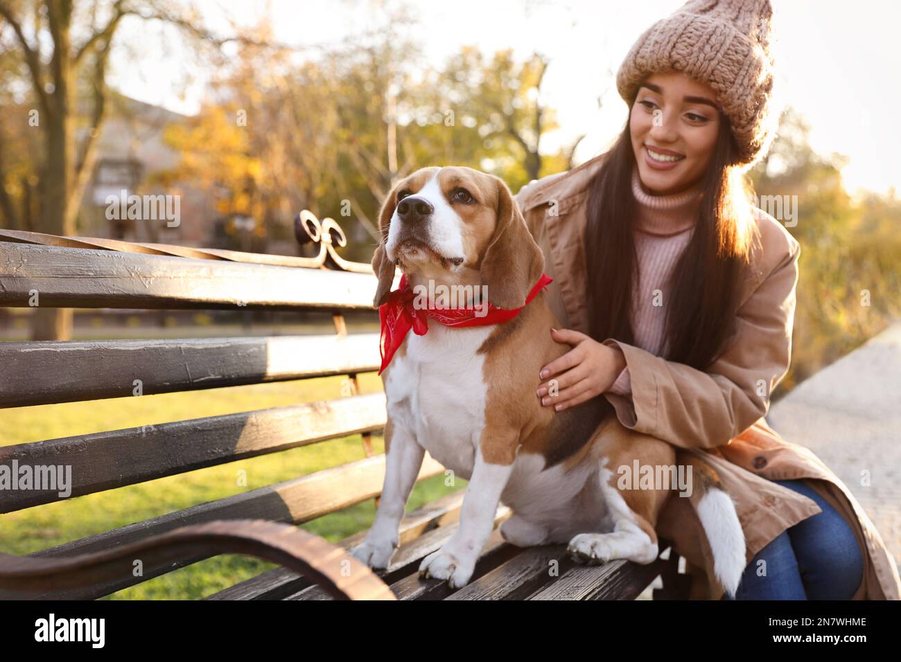 Donna che cammina il suo carino cane Beagle nel parco autunnale Foto Stock