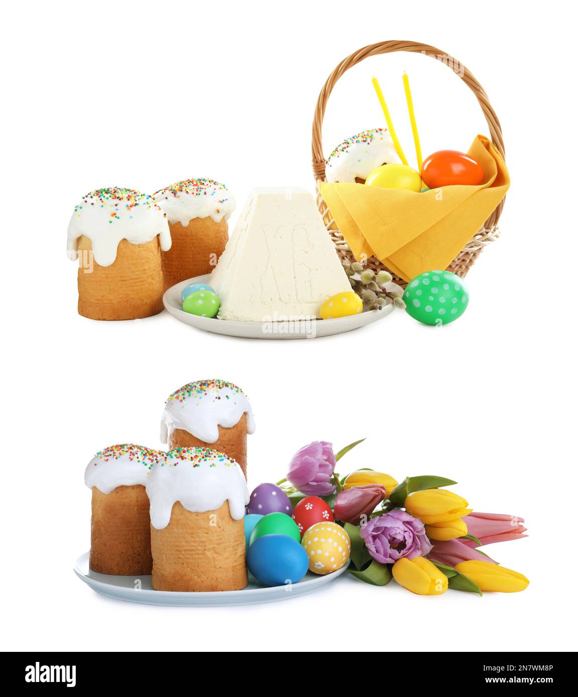 Set con tradizionali dolci pasquali e paskha di formaggio casolare su sfondo bianco Foto Stock