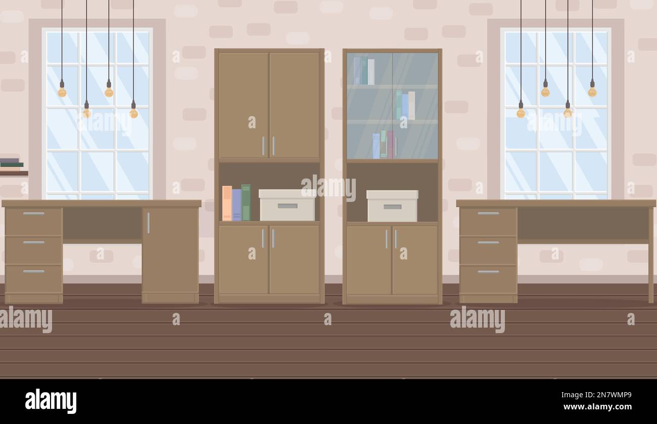un ufficio in stile loft con mobili in legno, armadio e acciaio per il lavoro Illustrazione Vettoriale