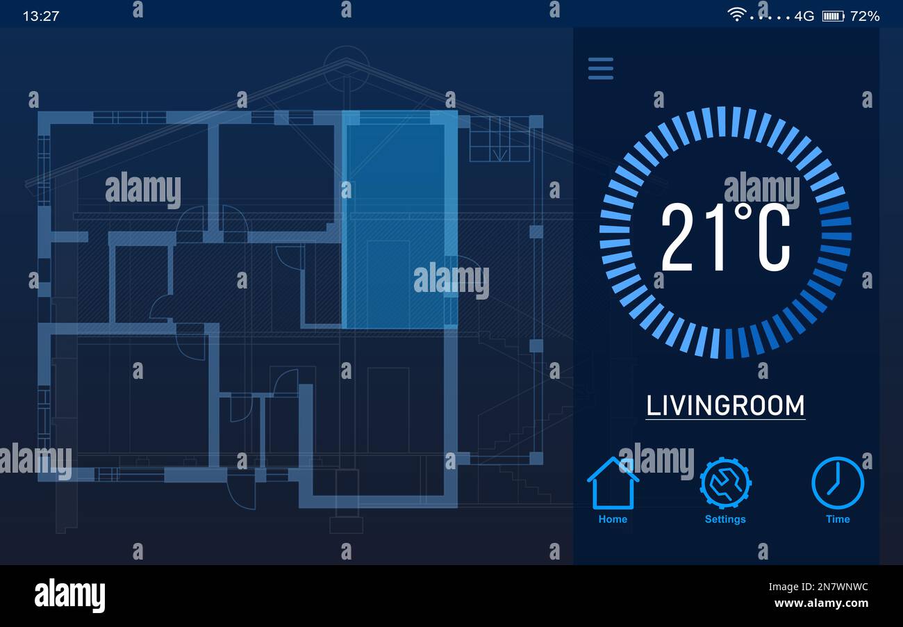 Sistema di controllo del riscaldamento. Applicazione che visualizza la temperatura e la pianta della casa Foto Stock