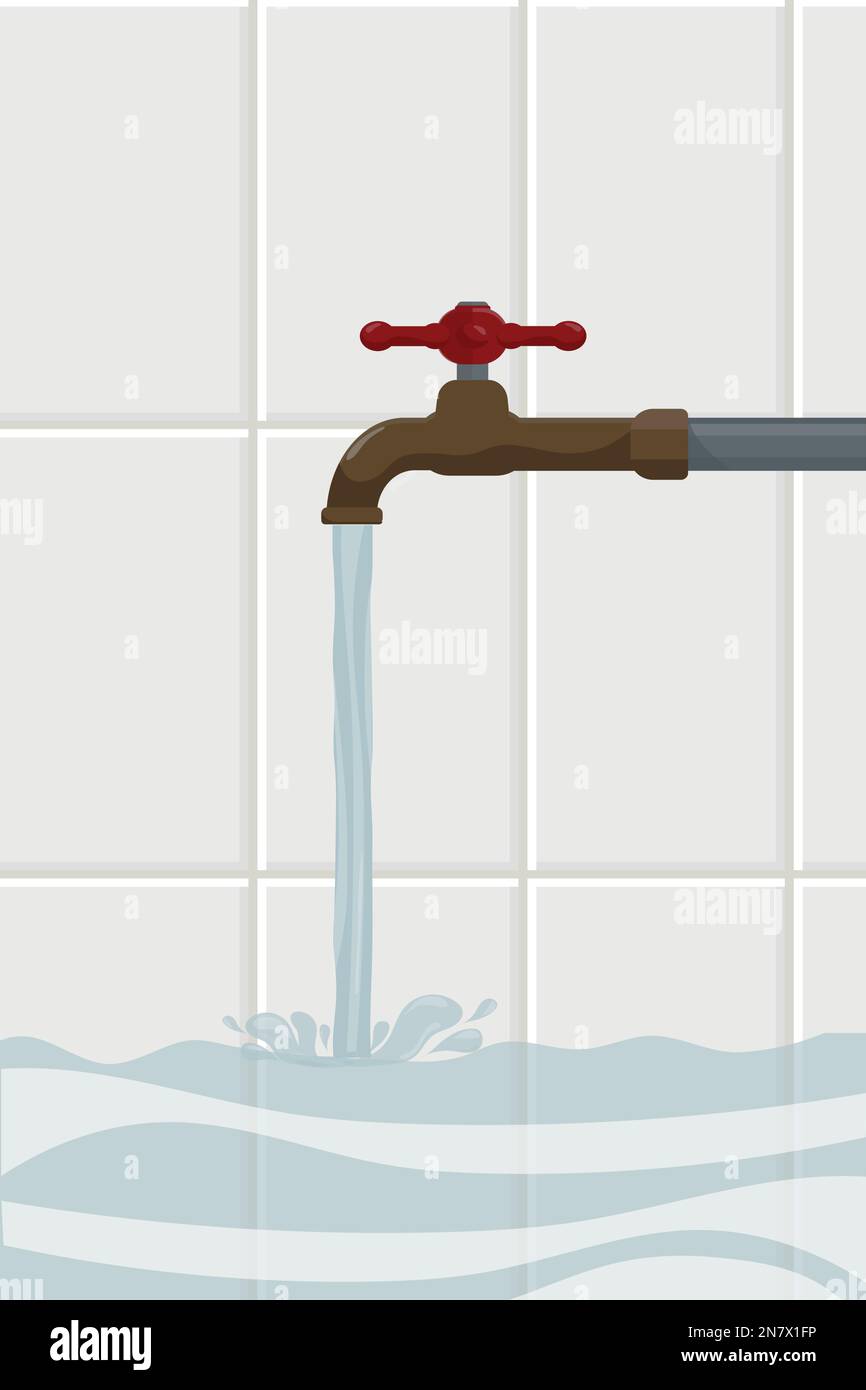 un acqua pulita è versata in una vasca da bagno con le mattonelle sulla parete da un rubinetto dell'acqua Illustrazione Vettoriale