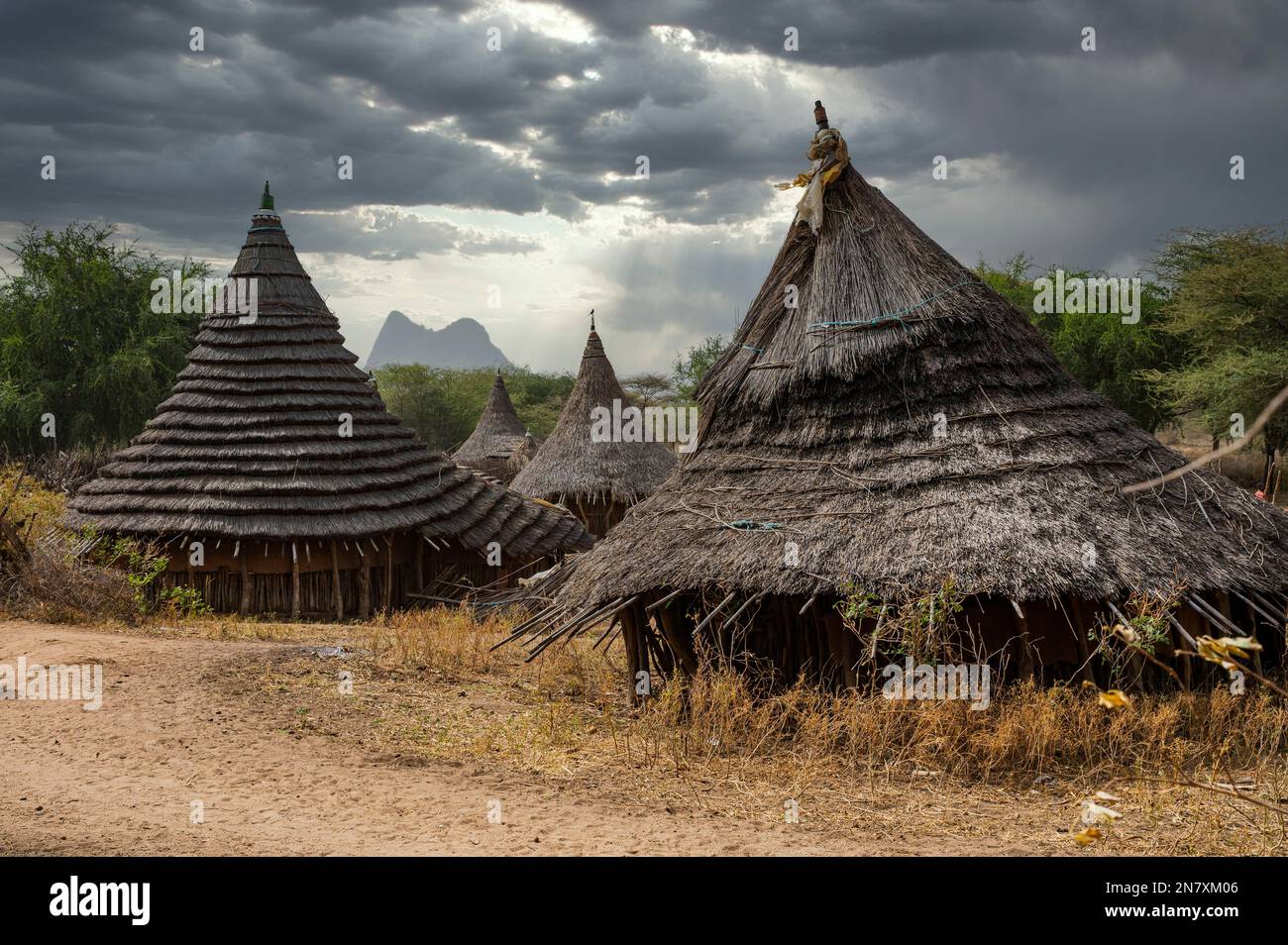 Capanne tradizionalmente costruite della tribù Laarim, colline di Boya, Equatoria orientale, Sud Sudan Foto Stock