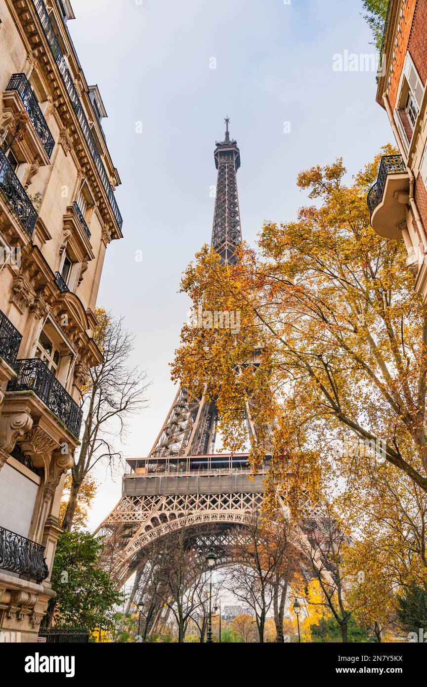 La torre Eiffel vista dalla Rue de l'Université, Rive Gauch, Parigi, Francia Foto Stock