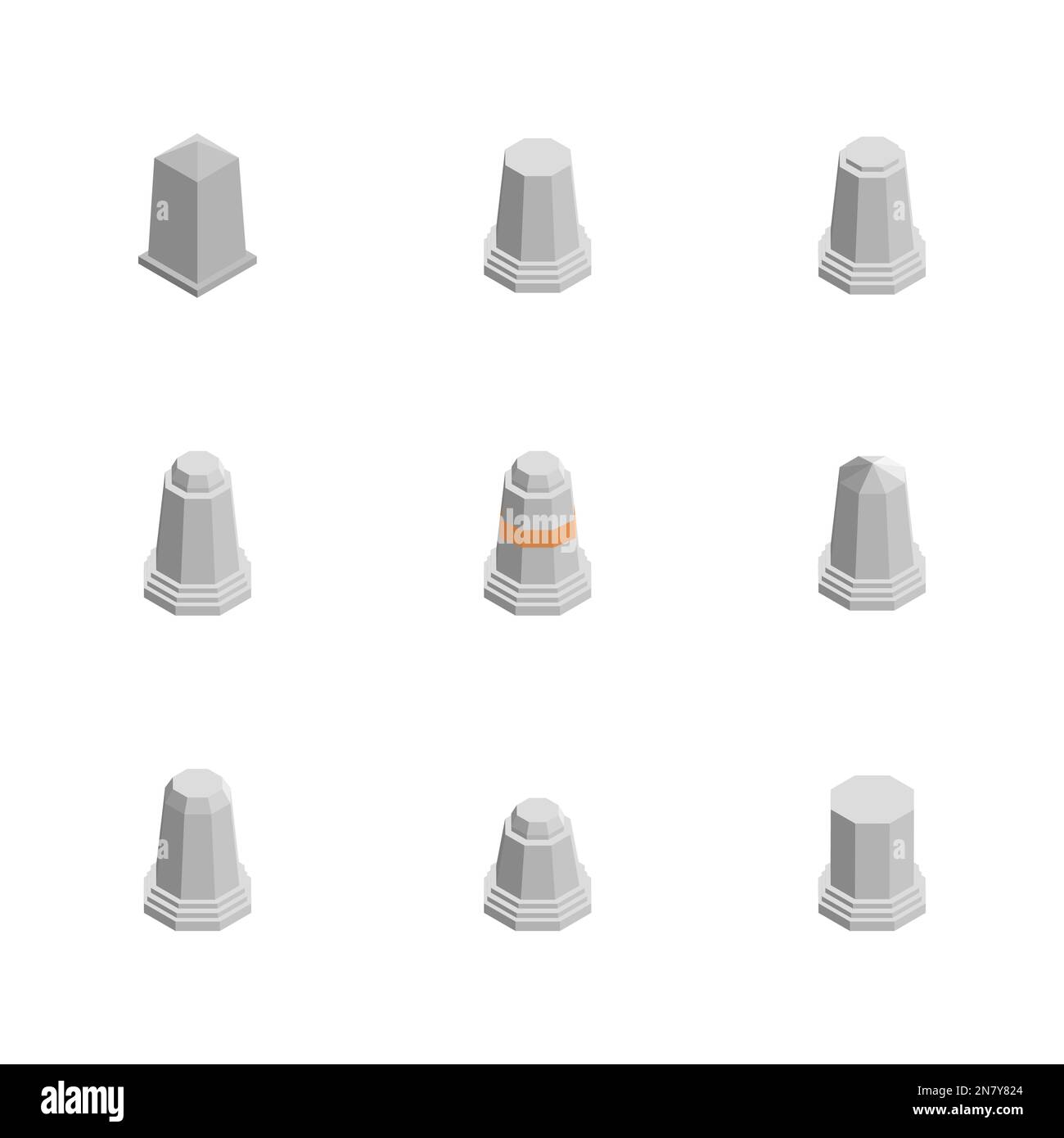 Pali stradali in cemento isolati su sfondo bianco. Stile isometrico piatto 3D, illustrazione vettoriale. Illustrazione Vettoriale