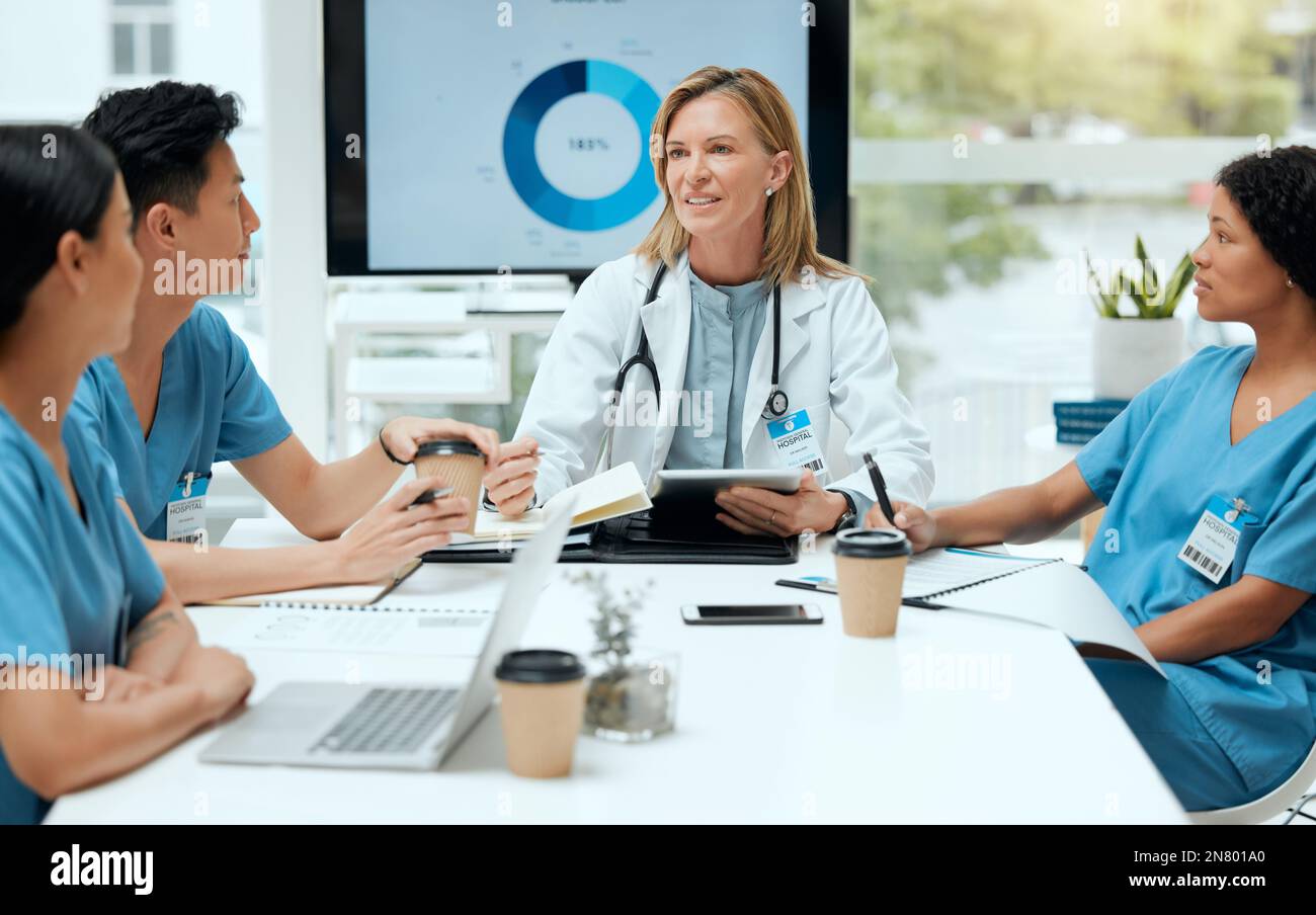 Questo è il piano per la giornata. un gruppo di medici in una riunione in un ospedale. Foto Stock