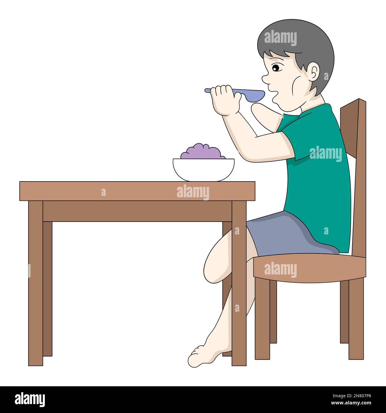 ragazzo disabile senza braccia e gambe seduto a mangiare Illustrazione Vettoriale