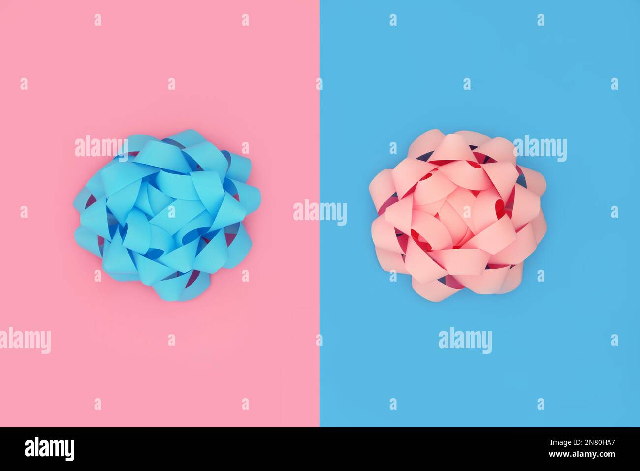 Gli opposti attirano il concetto di design. Nastri di fiocco rosa e blu baby rosette su sfondo a contrasto. Composizione creativa minima, posa piatta. Foto Stock