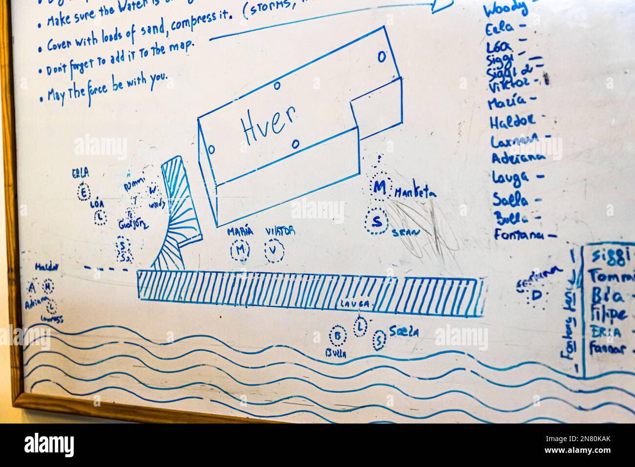 Uno schizzo su lavagna presso Fontana Bakery a Laugarvatn, Islanda, mostra qui il piano del sito per la cottura del Hverabrauð, pane di segale delle sorgenti calde islandesi: un diagramma della fossa di cottura coperta accanto a una lista di nomi che segna chi cuoce in ogni punto. Durante l'estate, Fontana Bakery offre visite guidate del processo tre volte al giorno. Foto Stock