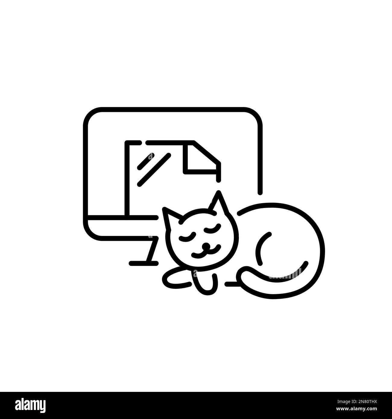 Lavorare da casa. Gatto sdraiato accanto al monitor del PC desktop. Pixel Perfect, icona del tratto modificabile Illustrazione Vettoriale