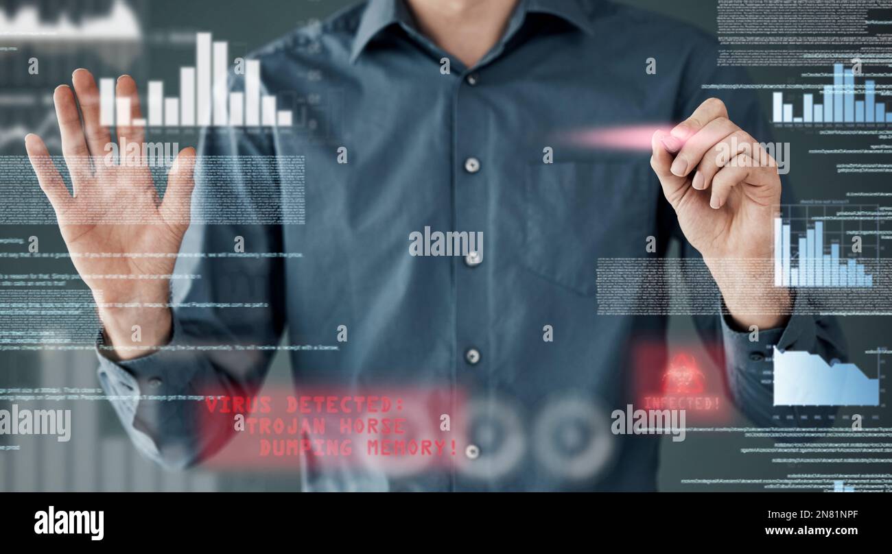 Sicurezza informatica, hacker e mani dell'uomo e codifica per software, realtà aumentata e phishing. Cloud computing, matrice e sito Web con programmatore Foto Stock