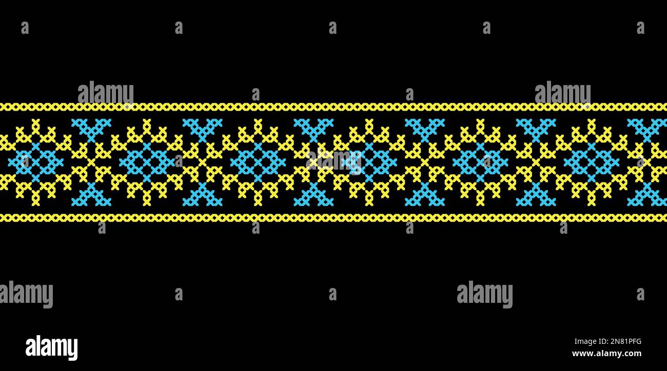 Ornamento vettoriale ucraino, confine, modello. Ricamo tradizionale ucraino di . Ornamento nei colori giallo e blu. Pixel art, vyshyvanka, croce Illustrazione Vettoriale