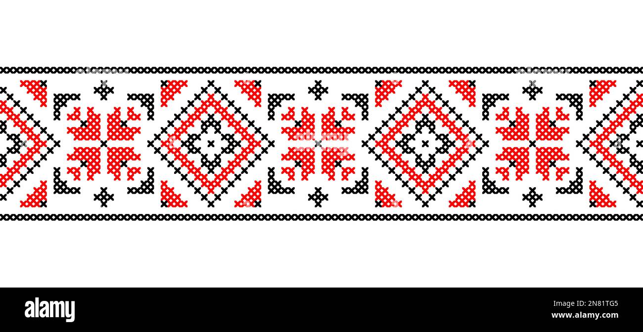 Modello ucraino. Ornamento vettoriale, bordo senza giunture. Popolare ucraino, ricamo geometrico etnico. Motivo in rosso e nero. Pixel art Illustrazione Vettoriale