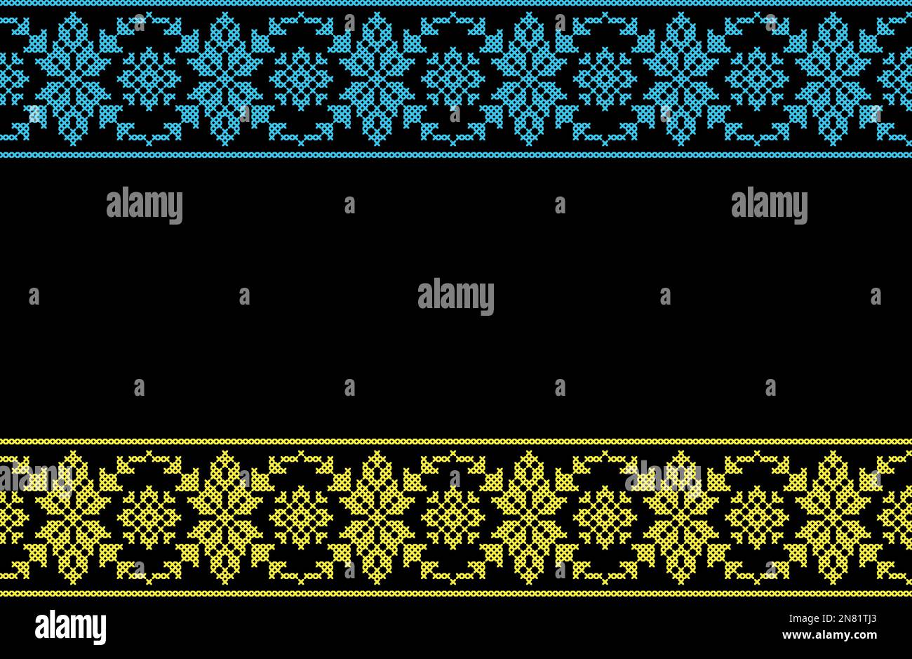 Sfondo vettoriale ucraino, banner, poster.folk tradizionale, ornamento etnico. Bordo nei colori giallo e blu bandiera Ucraina. Pixel art, vyshyvanka Illustrazione Vettoriale